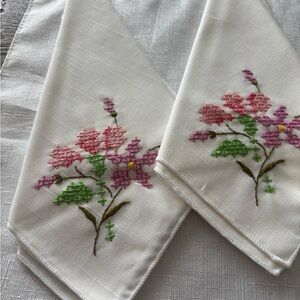 Embroidered Floral Kitchen Towels - White with Pink and Green Accents